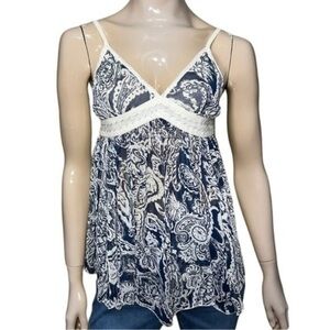 E-KLAH Women’s S Blue White Printed Babydoll Spaghetti Strap Camisole Tank Top